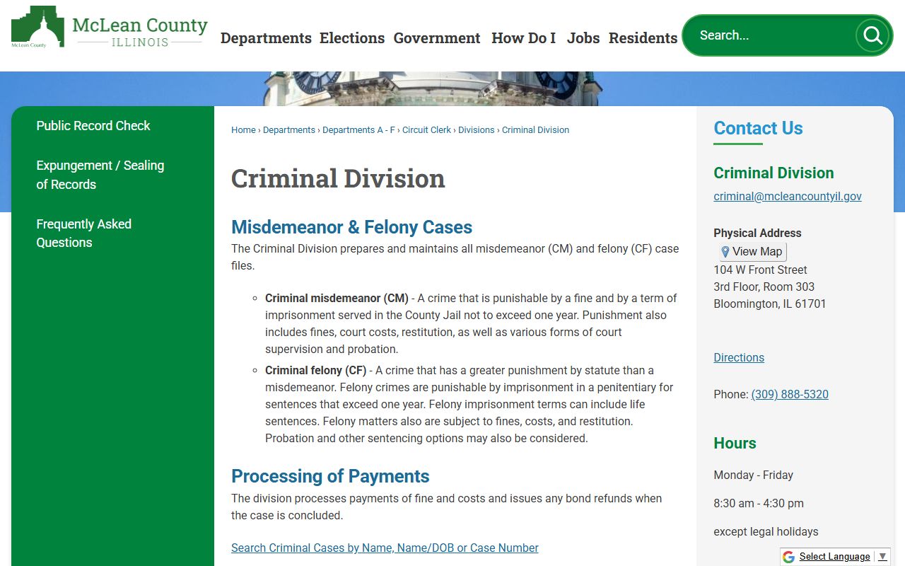 McLean County Circuit Clerk Criminal Division page with court record case types after an arrest