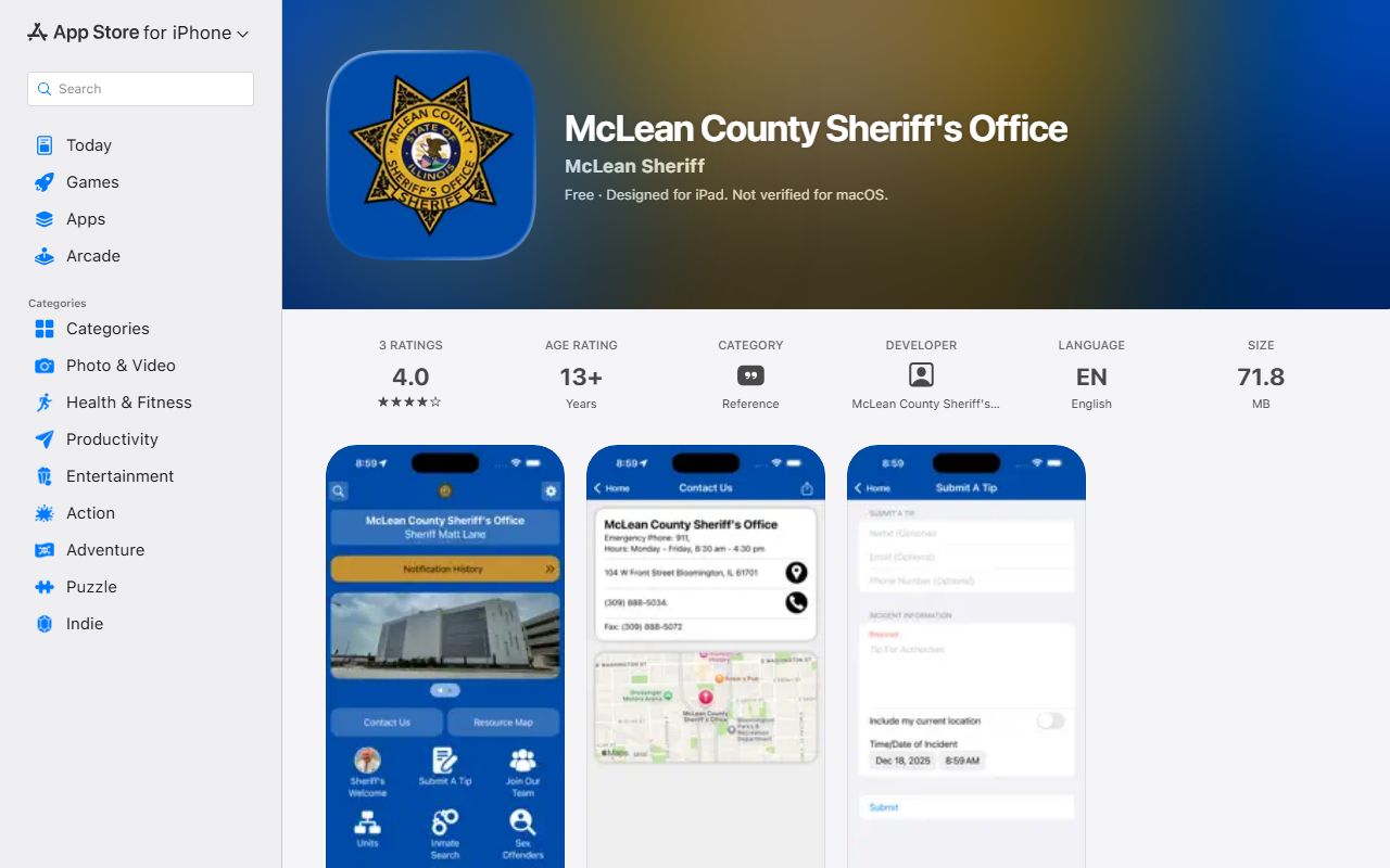 Apple App Store page for the McLean County sheriff inmate records app