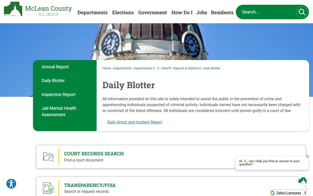 McLean County sheriff Daily Blotter page used for inmate records context