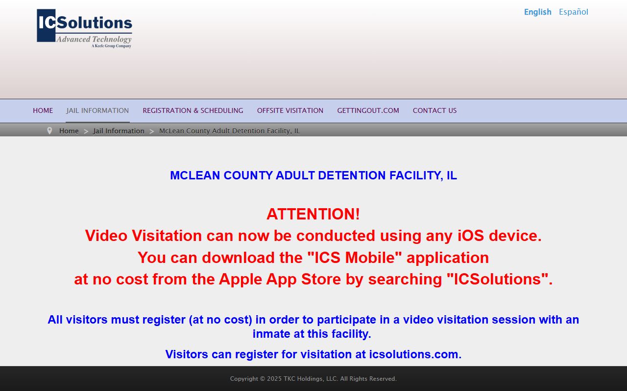 IC Solutions visitation page for the McLean County Detention Facility inmate population