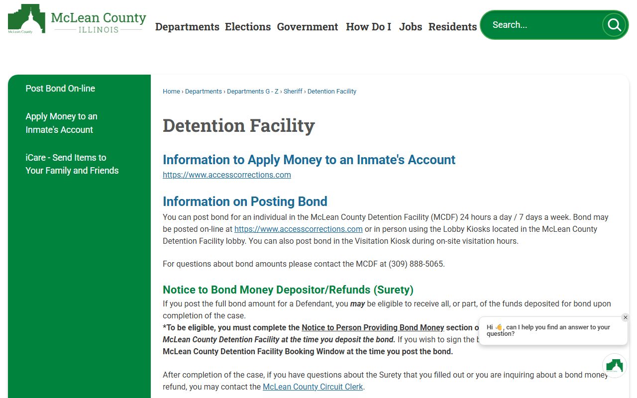 McLean County Detention Facility page showing inmate population services