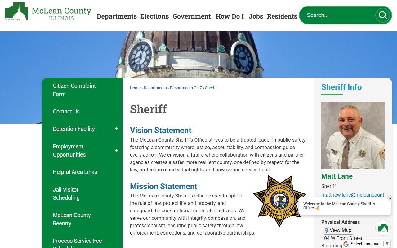McLean County Sheriff's Office homepage with the inmate population app notice